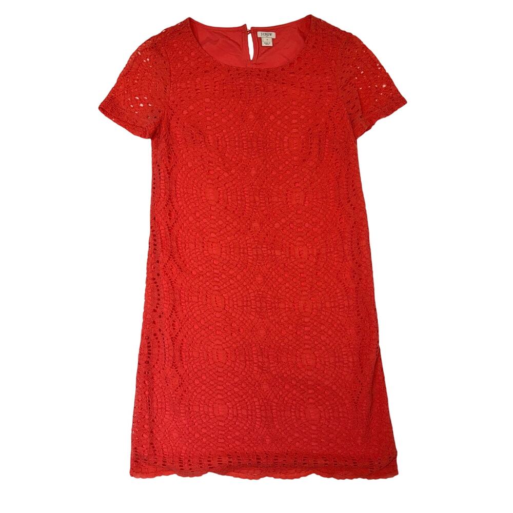 J Crew Coral Lace Shift Dress Womens Size 0 Lined Short Sleeve Cocktail